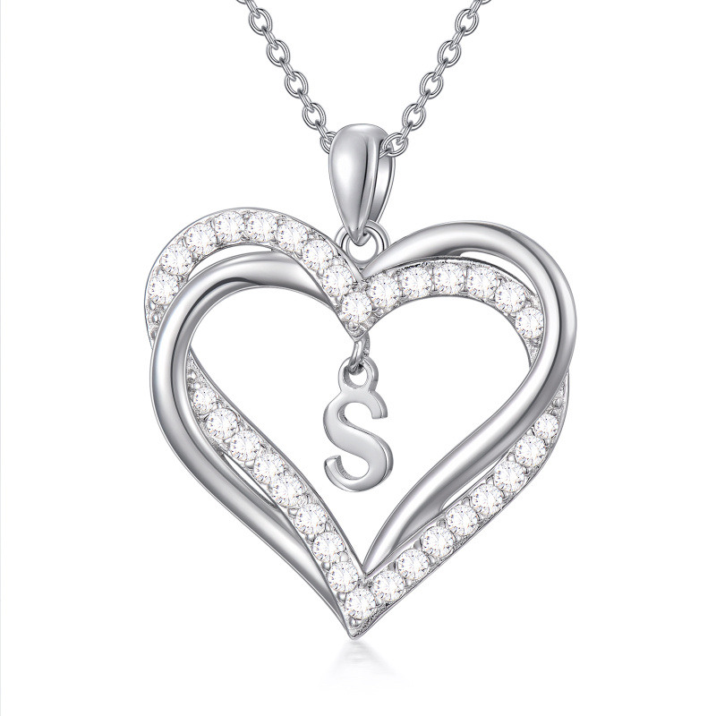 Sterling Silver Heart Cubic Zirconia Personalized Initial Letter S & Heart Pendant Necklace For Women Best Friends-1
