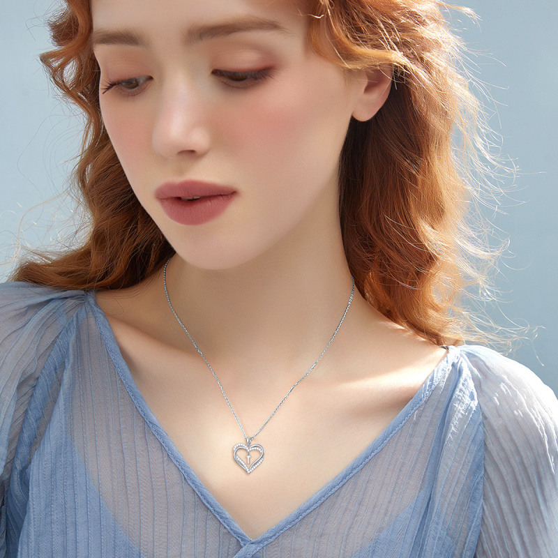 Collar con colgante de corazón personalizado con inicial en circonia cúbica y corazón, para mujeres mejores amigas, de plata esterlina-2