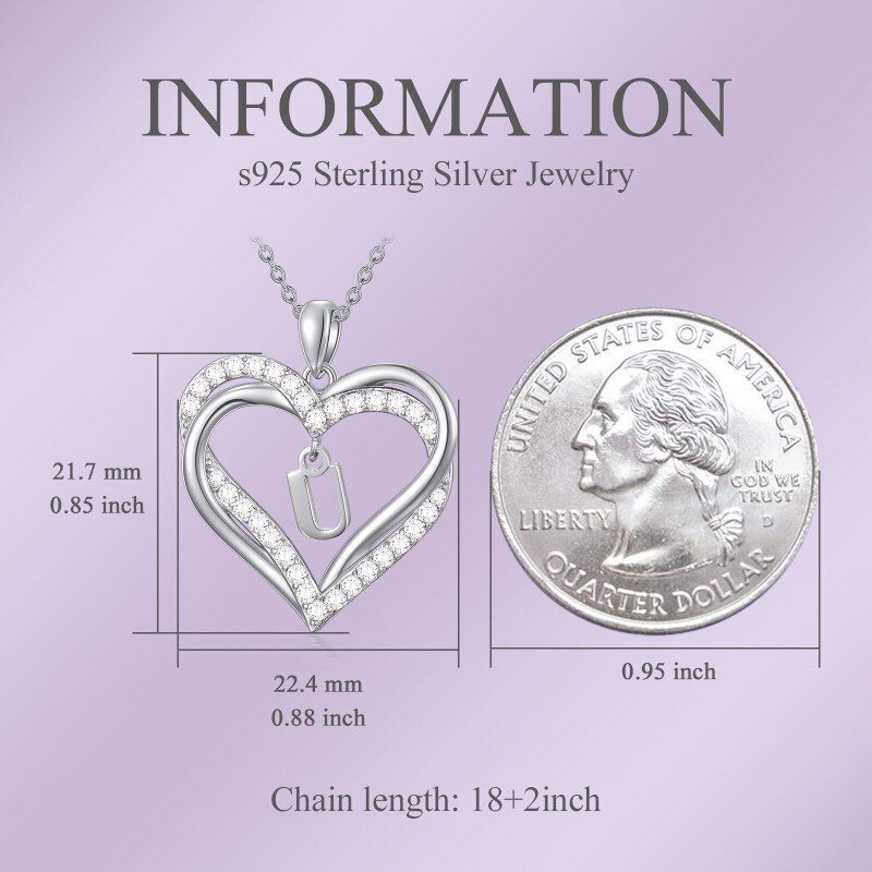 Collar con colgante de corazón personalizado con inicial en letra U y corazón, de plata esterlina con circonia cúbica, para mejores amigas-3