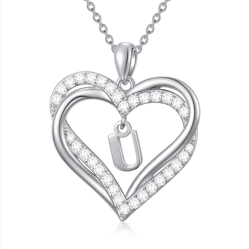 Collar con colgante de corazón personalizado con inicial en letra U y corazón, de plata esterlina con circonia cúbica, para mejores amigas-1
