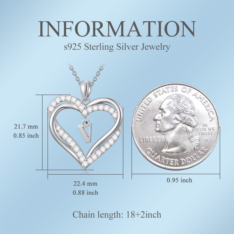 Sterling Silver Heart Cubic Zirconia Personalized Initial Letter V & Heart Pendant Necklace For Women Best Friends-3