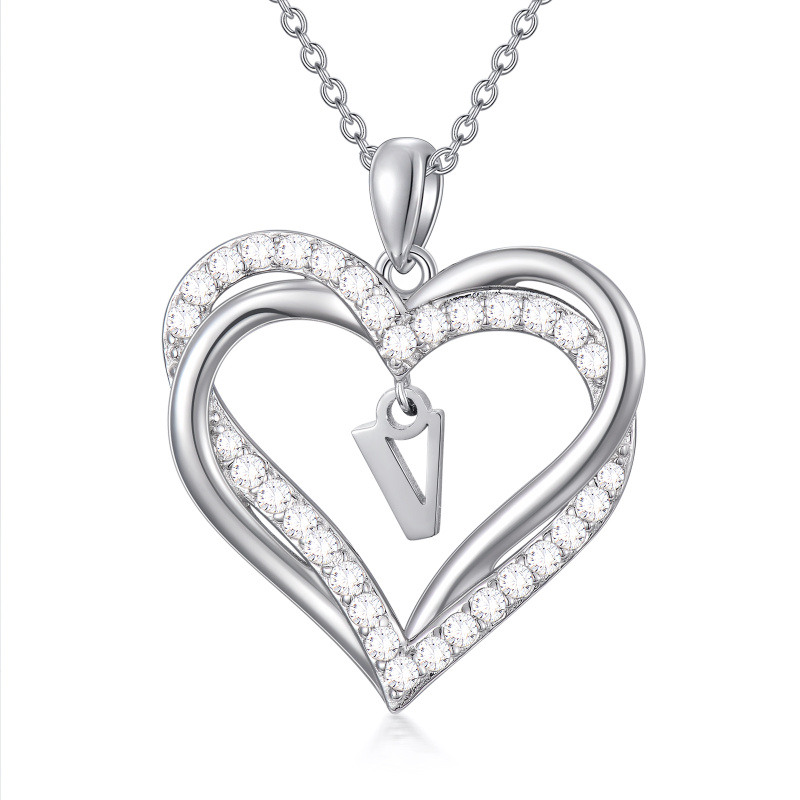 Sterling Silver Heart Cubic Zirconia Personalized Initial Letter V & Heart Pendant Necklace For Women Best Friends-1