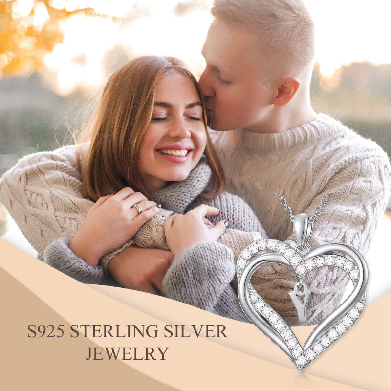 Collar con colgante de plata esterlina en forma de corazón con circonita cúbica, inicial personalizada Y y corazón, para mujeres mejores amigas-6