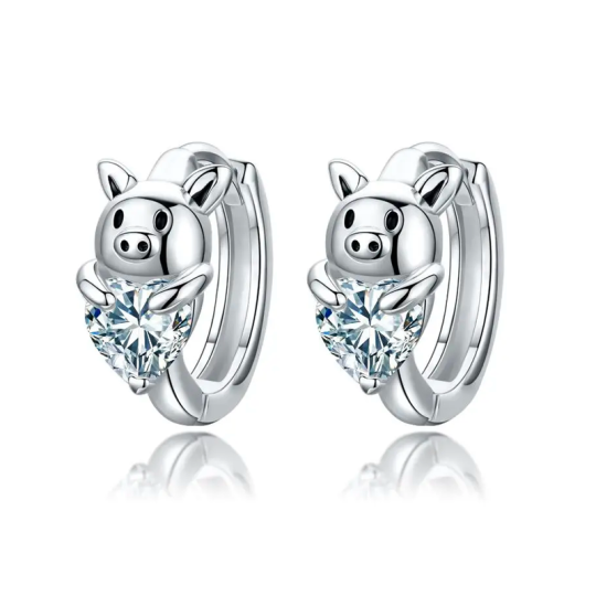 Orecchini a cerchio a forma di maialino con zirconi cubici e cuore in argento sterling