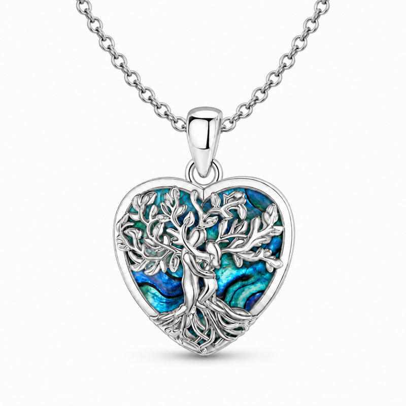 Collar con medallón fotográfico personalizado de plata de ley con diseño de árbol de la vida y nácar de abulón tallado en forma de corazón.-3