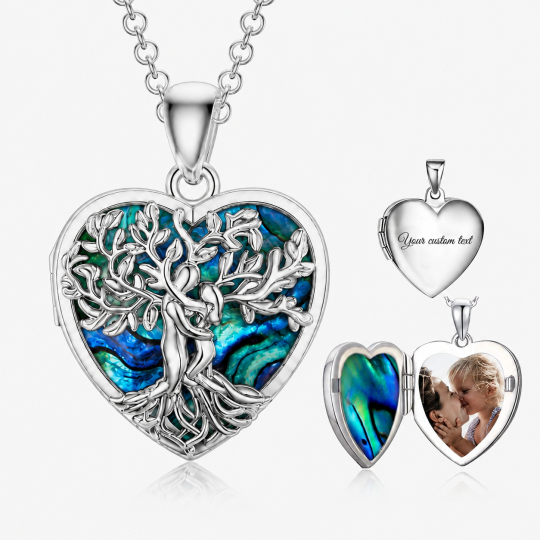 Collar con medallón fotográfico personalizado de plata de ley con diseño de árbol de la vida y nácar de abulón tallado en forma de corazón.
