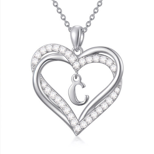 Collier pendentif cœur taillé en zircon cubique en argent sterling, personnalisé avec lettre initiale C et cœur