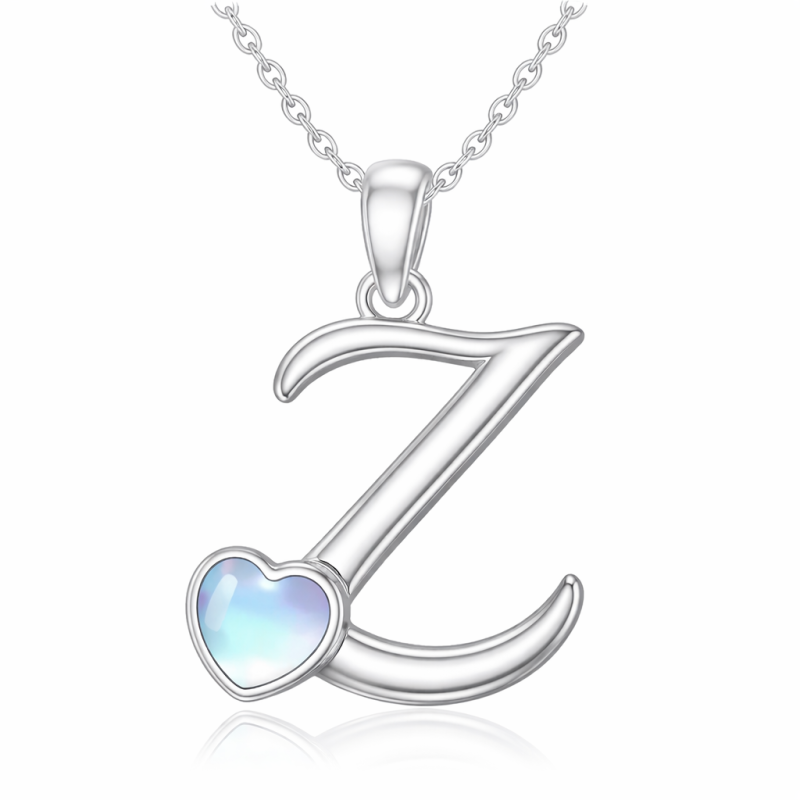Collar con colgante de corazón de piedra lunar tallada en plata de ley con inicial Z-14