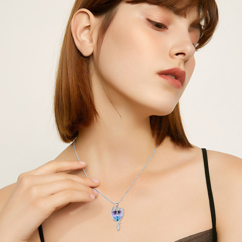 恋人のためのスターリングシルバーハートドラゴン＆フェニックスハートパープルクリスタルネックレス-2