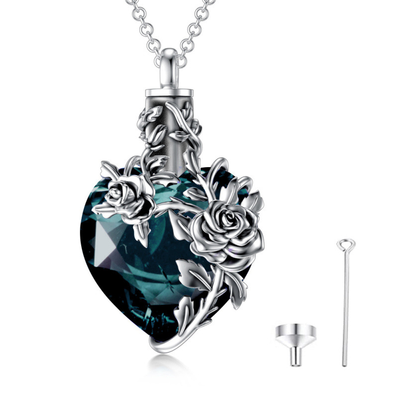 Sterling Silver Heart Green Crystal Rose Urn Necklace For Ashes-17