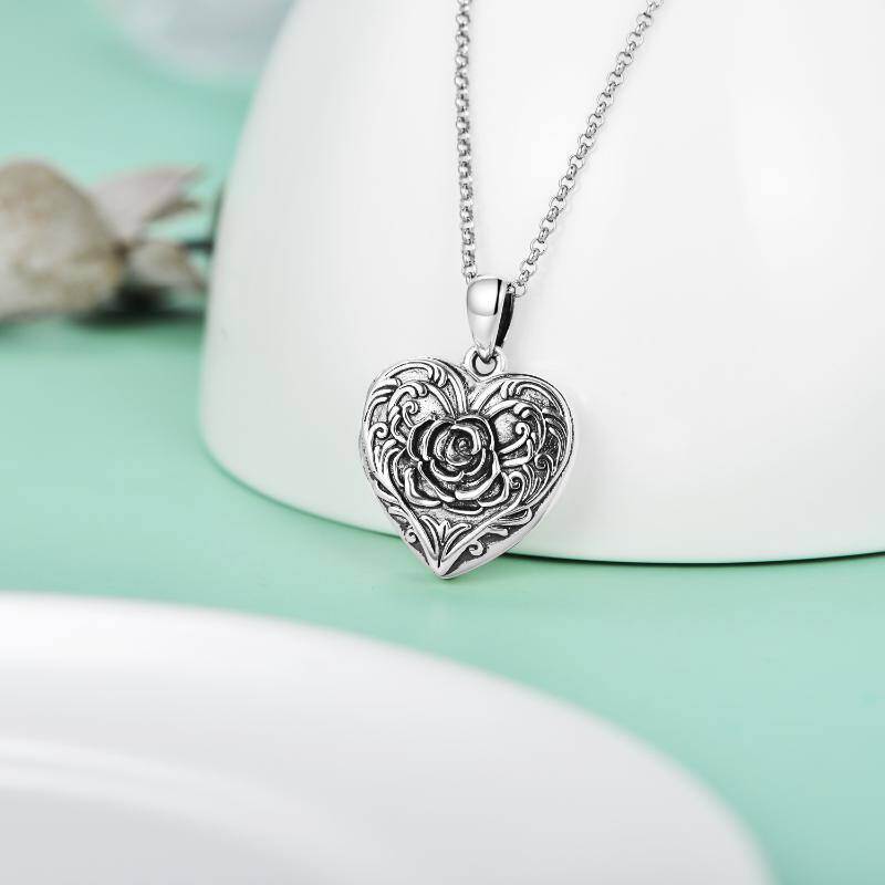 Colgante de plata de ley con corazón y rosa Grabado personalizado y collar relicario con foto-4