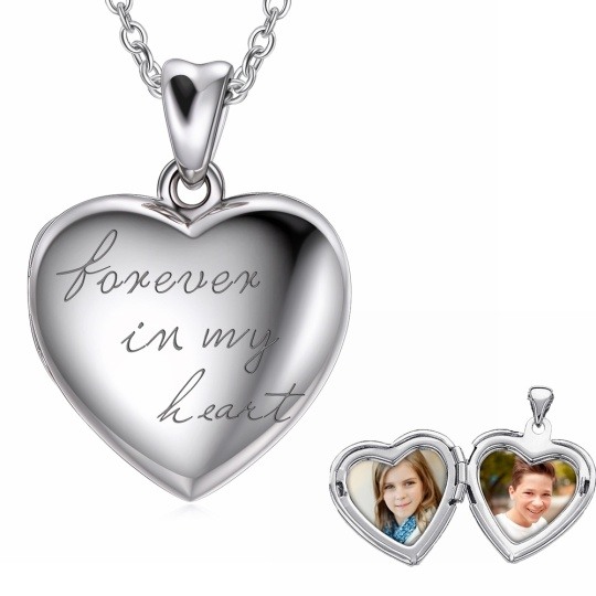 Collar con medallón de foto personalizado con forma de corazón de plata de ley grabado Forever In My Heart