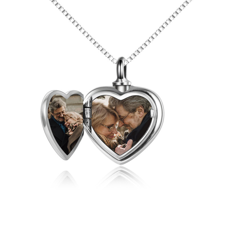 Collar de urna con medallón de foto personalizado con forma de corazón de plata de ley para cenizas-3
