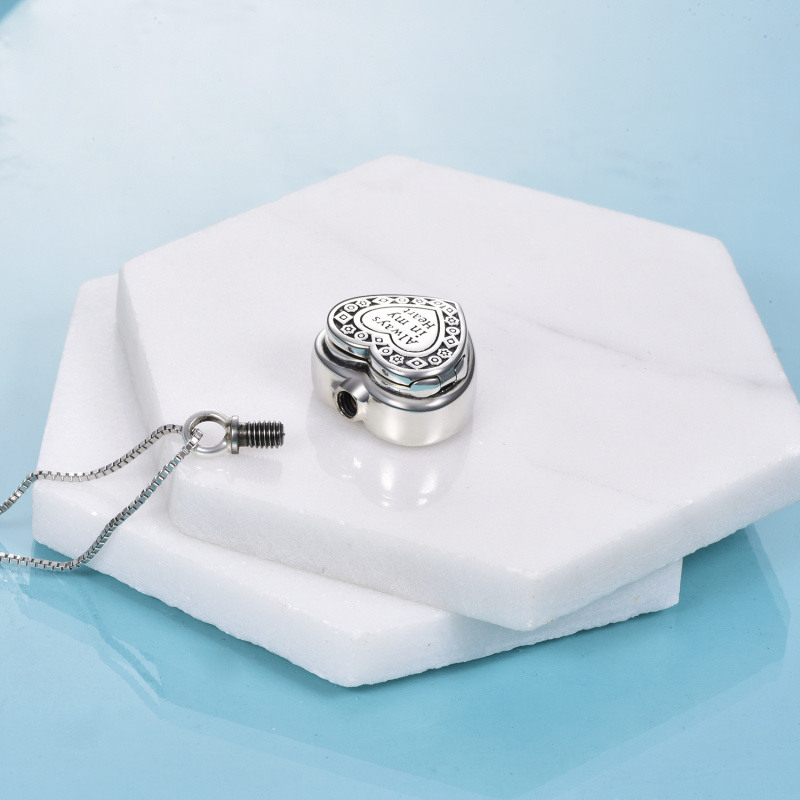 Collar de urna con medallón de foto personalizado con forma de corazón de plata de ley para cenizas-4