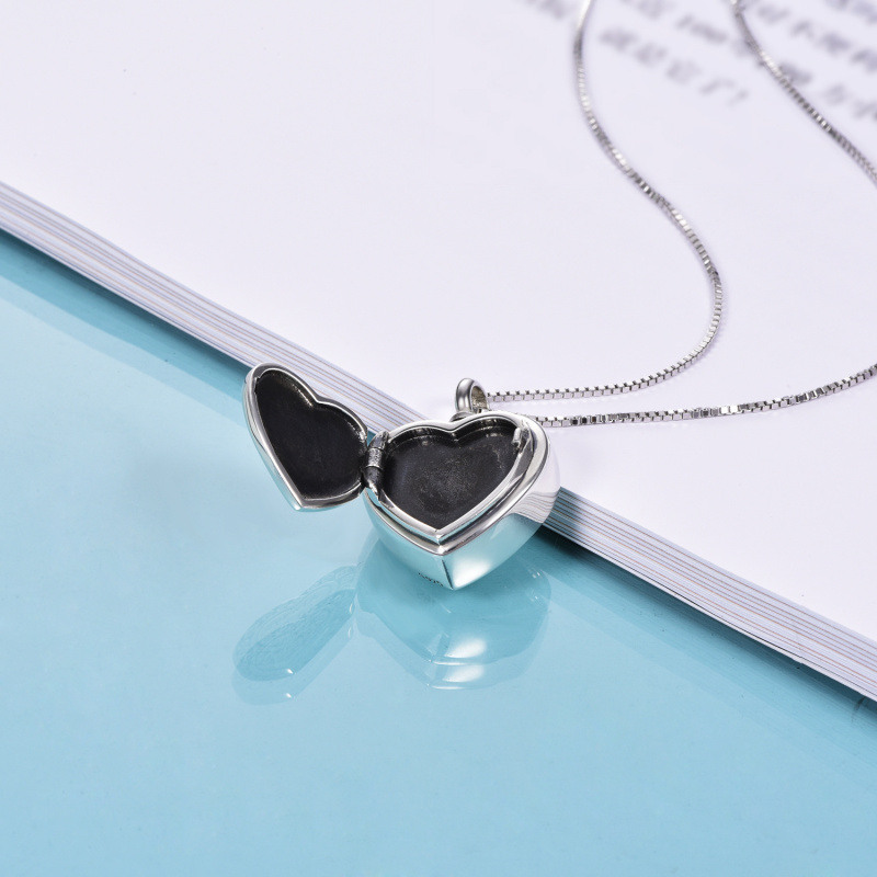 Collar de urna con medallón de foto personalizado con forma de corazón de plata de ley para cenizas-5