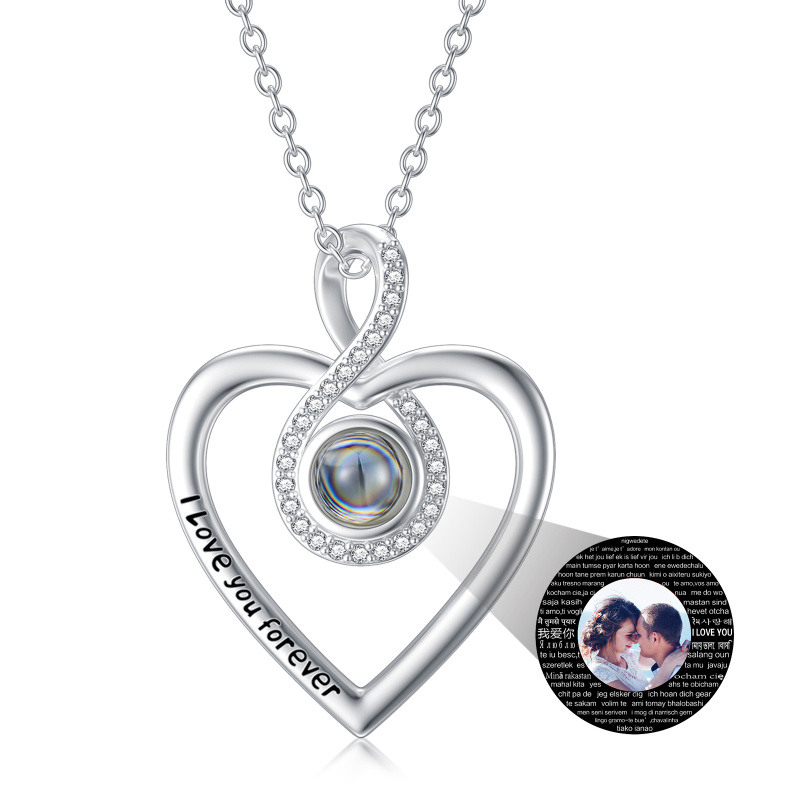 Collar con colgante de símbolo de infinito con foto personalizada con piedra de proyección de corazón de plata de ley con palabra grabada para mujer-7