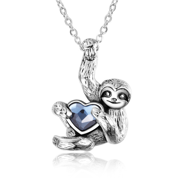 Collar de plata de ley con forma de corazón de cristal azul con colgante de perezoso-7