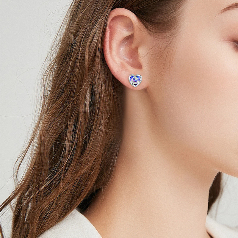Pendientes de plata de ley con forma de corazón, luna y estrella de cristal-2