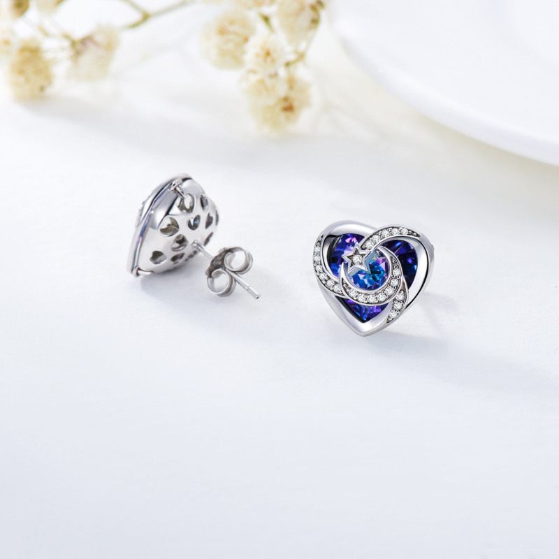 Pendientes de plata de ley con forma de corazón, luna y estrella de cristal-3
