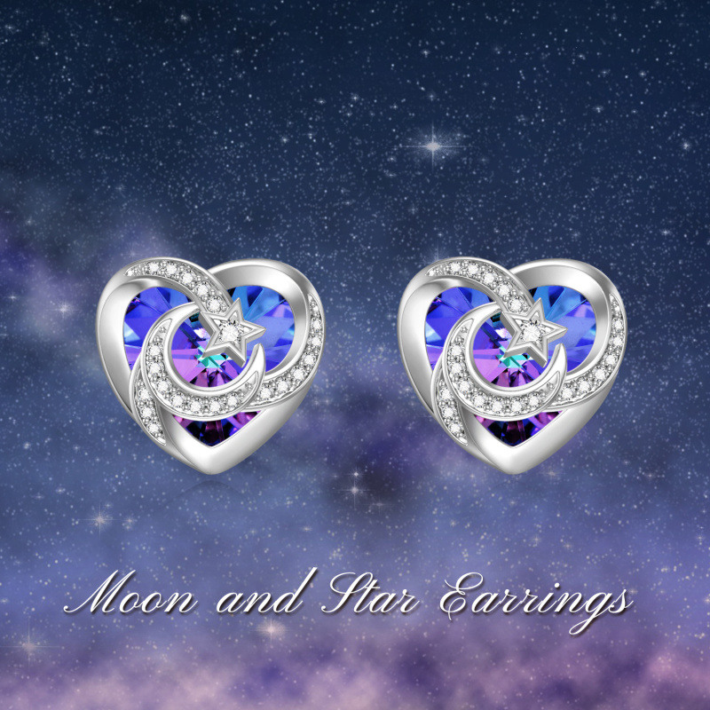 Pendientes de plata de ley con forma de corazón, luna y estrella de cristal-5