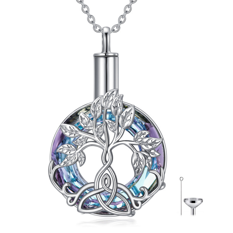 Collar de urna para cenizas con nudo celta del árbol de la vida de cristal en forma de corazón de plata esterlina-10
