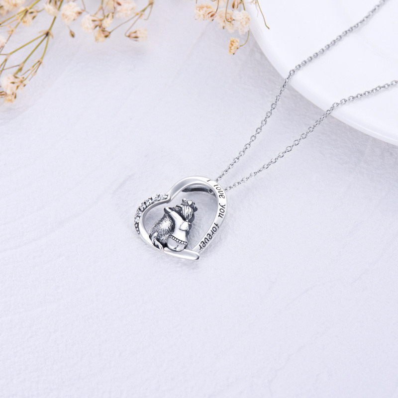 Collar con colgante de corazón de perro con circonita cúbica en forma de corazón en plata de ley y palabra grabada-4