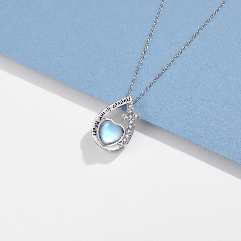 Sterling Silver Heart Shaped Moonstone Cross & Drop Shape Urn Necklace for Ashes with Engraved Word-5