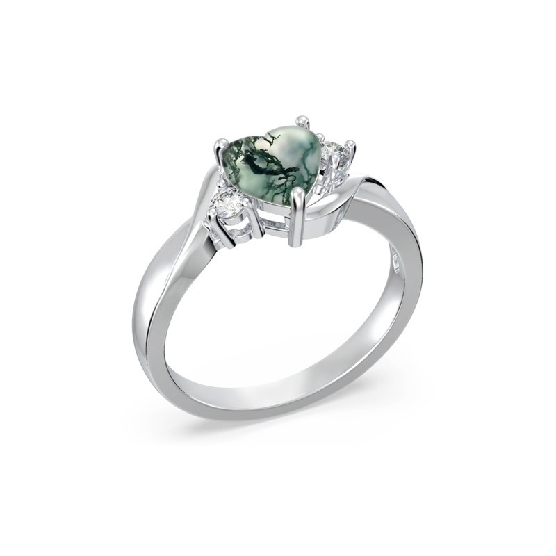 Bague de fiançailles de couple en argent sterling en forme de cœur en agate mousse avec gravure personnalisée-5