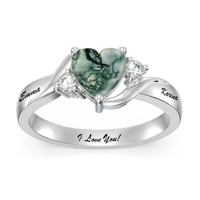 Anillo de compromiso para pareja con grabado personalizado de ágata musgo en forma de corazón de plata de ley-7