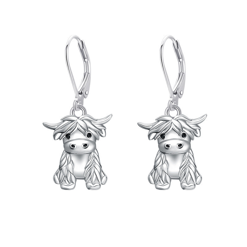Sterling Silver Highland Cow Lever-back Earrings-1