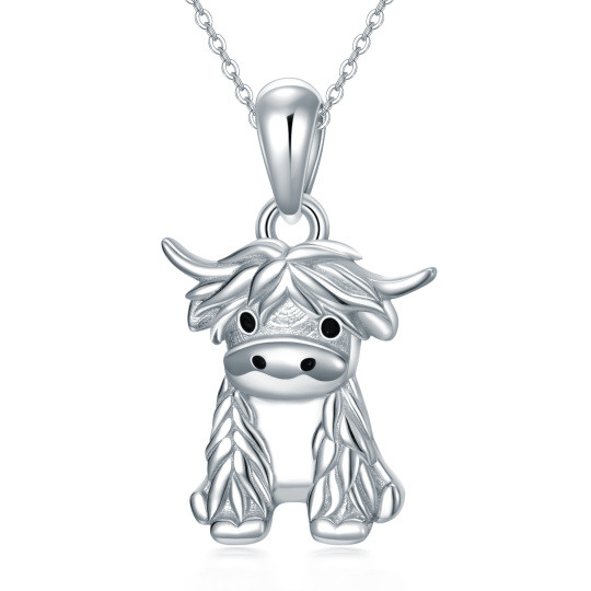 Collier en argent sterling avec pendentif vache Highland et plaqué or blanc 14K