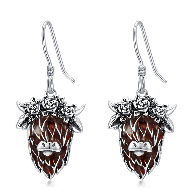 Pendientes de plata de ley Highland Cow & Rose-9