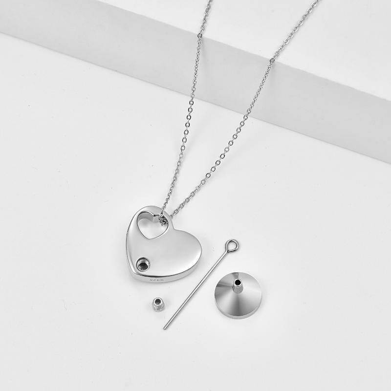 Collar de urna de plata de ley con forma de corazón hueco para cenizas, grabado 