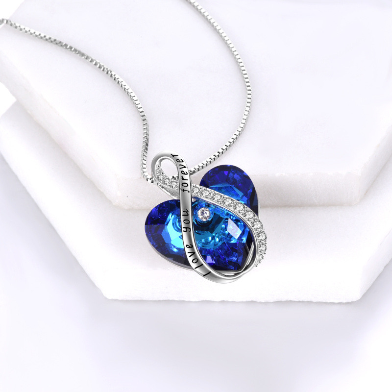 Collar con colgante de plata de ley con símbolo del infinito y cristal de corazón con palabra grabada para mujer-3