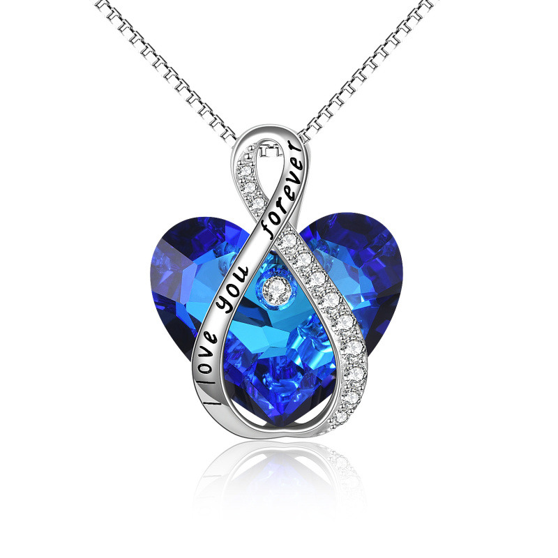 Collar con colgante de plata de ley con símbolo del infinito y cristal de corazón con palabra grabada para mujer-1