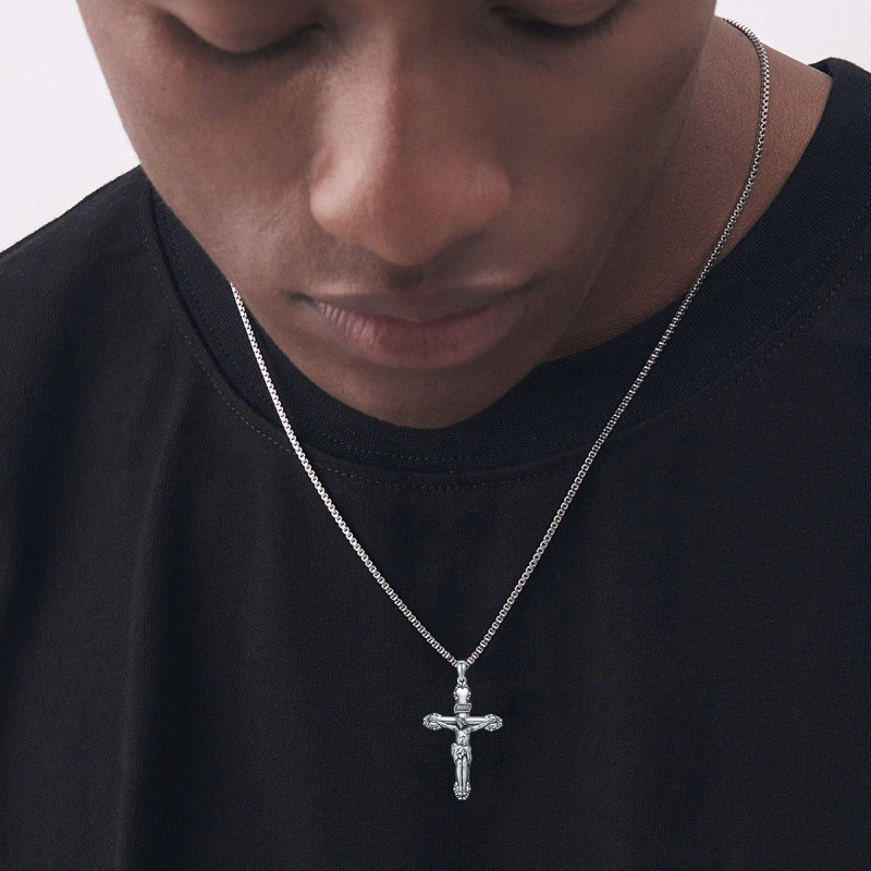 Collar colgante de plata de ley con cruz de Inri para hombre con cadena de caja-2