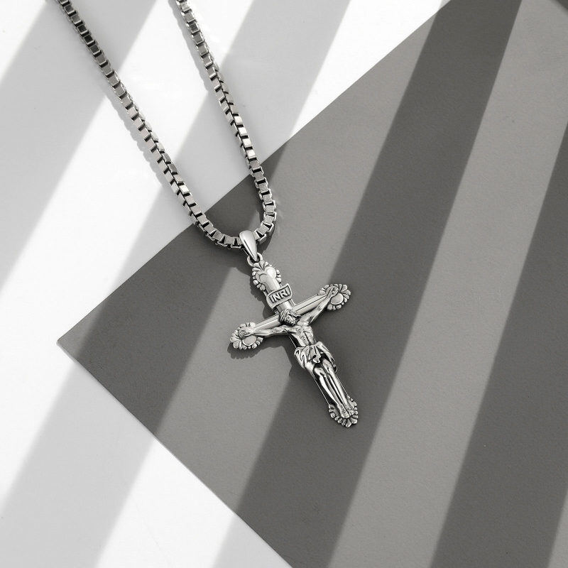 Collar colgante de plata de ley con cruz de Inri para hombre con cadena de caja-4