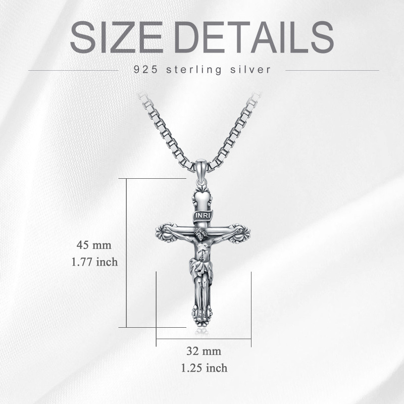 Collar colgante de plata de ley con cruz de Inri para hombre con cadena de caja-5