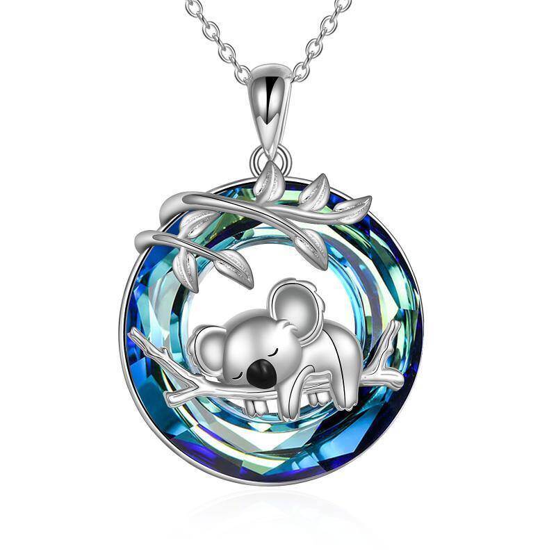 Collar colgante de plata de ley con Koala y hojas de cristal y palabra grabada-1