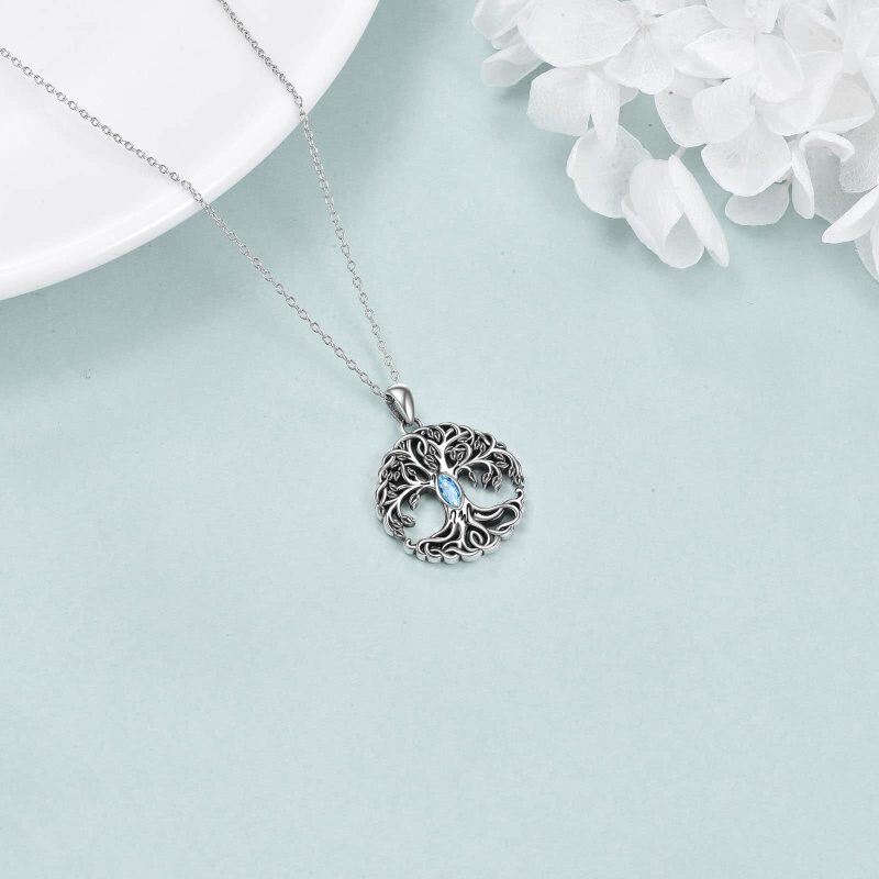 Sterling Silver Lake Blue Marquise Shaped Cubic Zirconia Tree Of Life Pendant Necklace-4