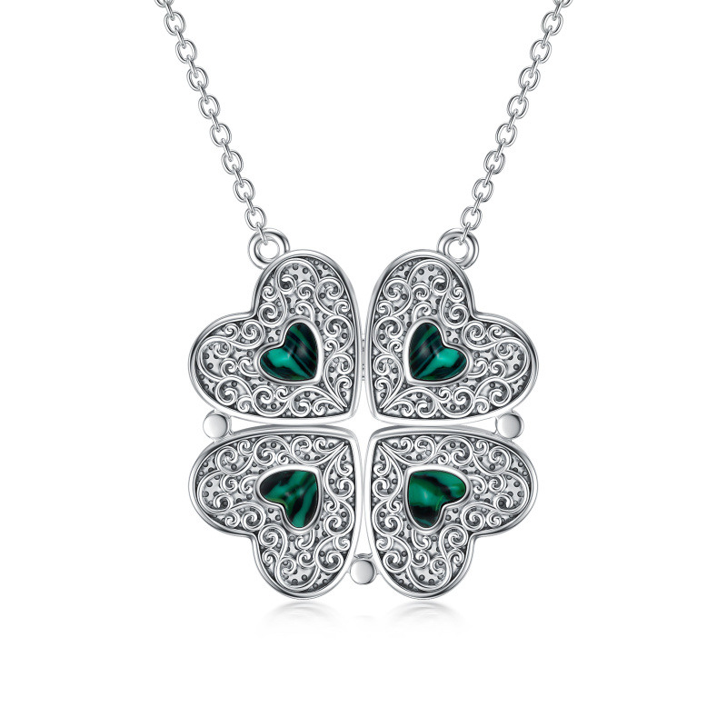 Collar de plata de ley con trébol de cuatro hojas de malaquita y colgante de corazón-16