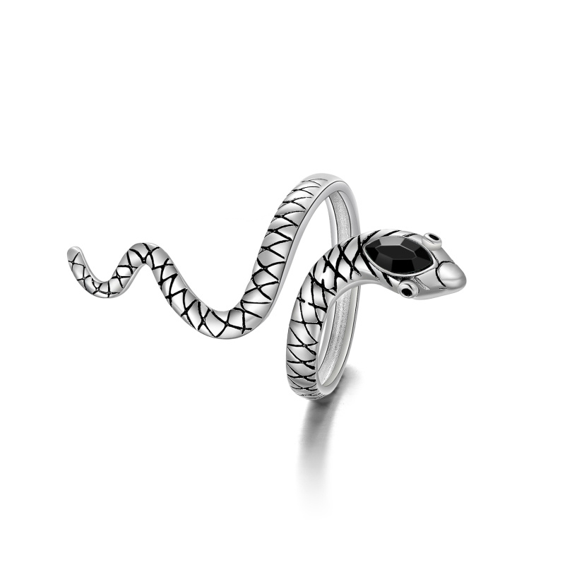 Anillo abierto de plata de ley con forma de marquesa de cristal y serpiente-9