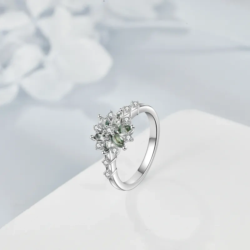 Anillo de compromiso para parejas de plata de ley con ágata musgosa en forma de marquesa-2
