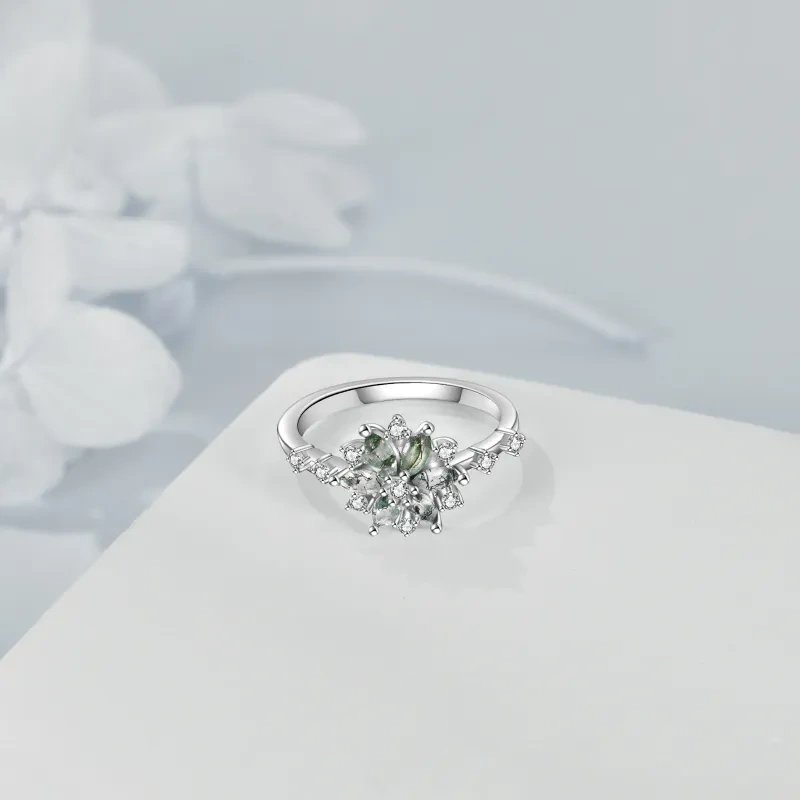 Anillo de compromiso para parejas de plata de ley con ágata musgosa en forma de marquesa-3