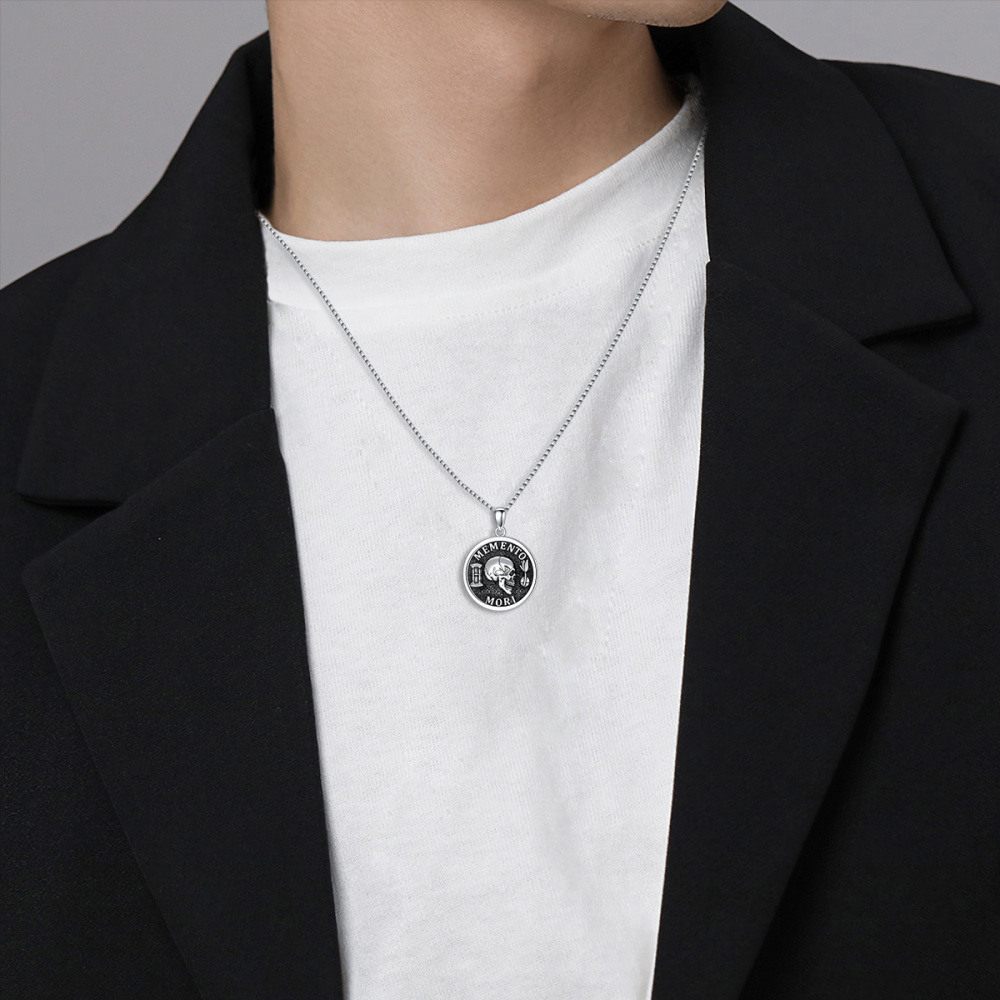Sterling Silver Memento Mori Amor Fati Skull Pendant Necklace for Men