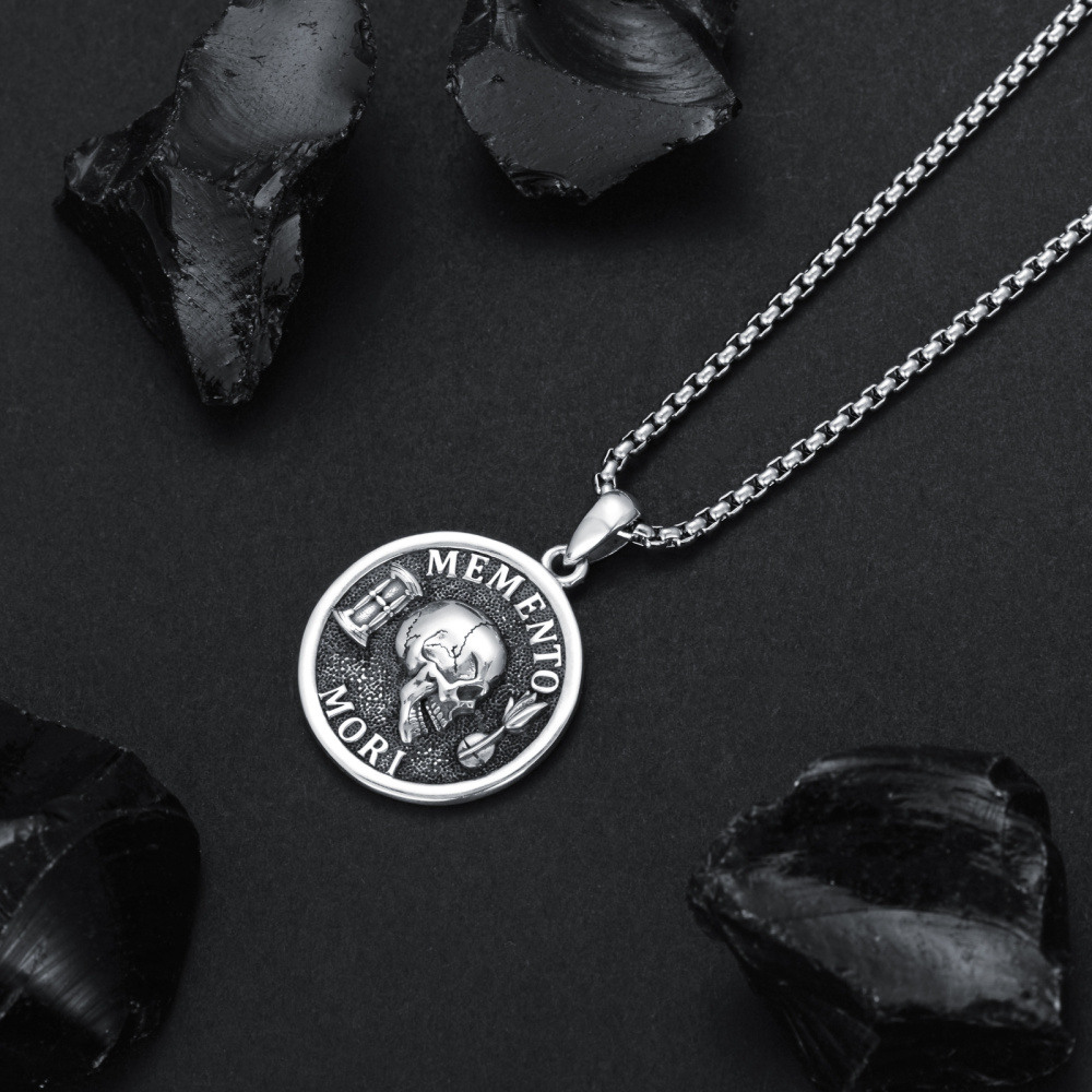 Sterling Silver Memento Mori Amor Fati Skull Pendant Necklace for Men
