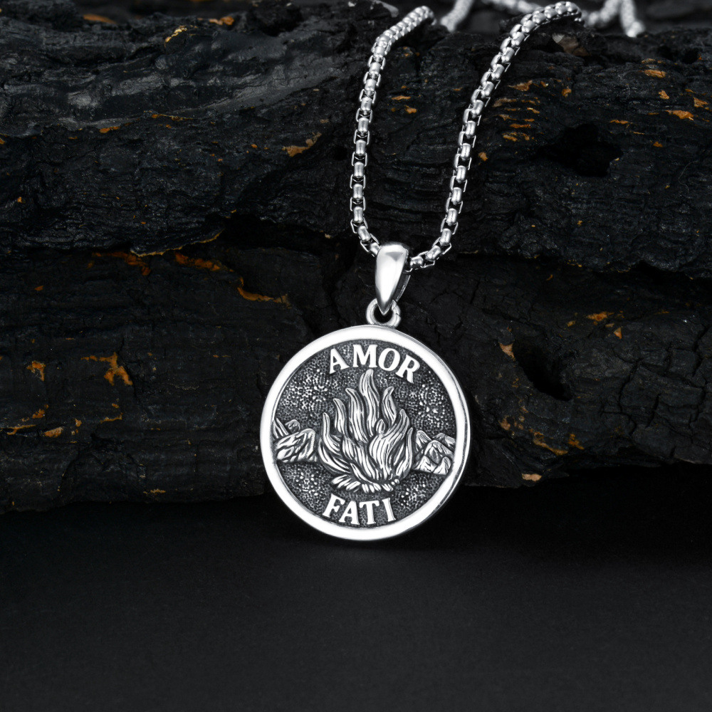 Sterling Silver Memento Mori Amor Fati Skull Pendant Necklace for Men