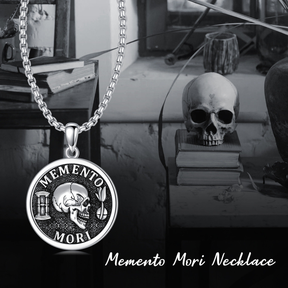 Sterling Silver Memento Mori Amor Fati Skull Pendant Necklace for Men