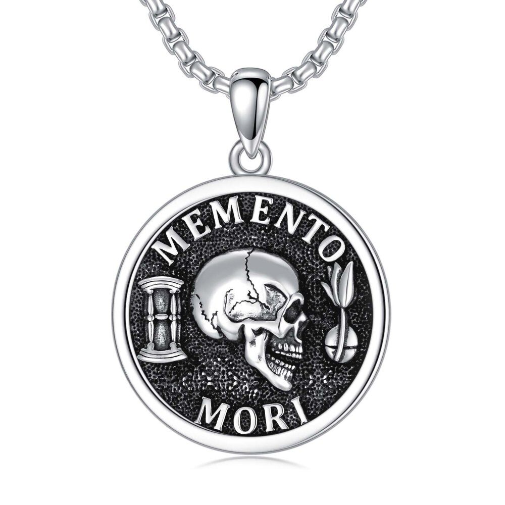 Sterling Silver Memento Mori Amor Fati Skull Pendant Necklace for Men