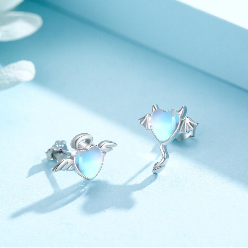 Boucles d'oreilles à tige en argent sterling avec pierre de lune et cœur d'ange-4
